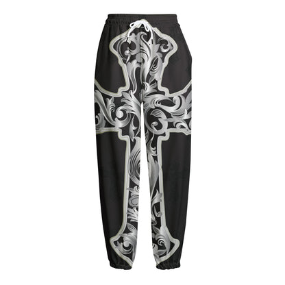 Ornamental Silver Cross Print Fleece Lined Knit Pants