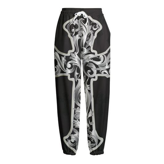 Ornamental Silver Cross Print Fleece Lined Knit Pants