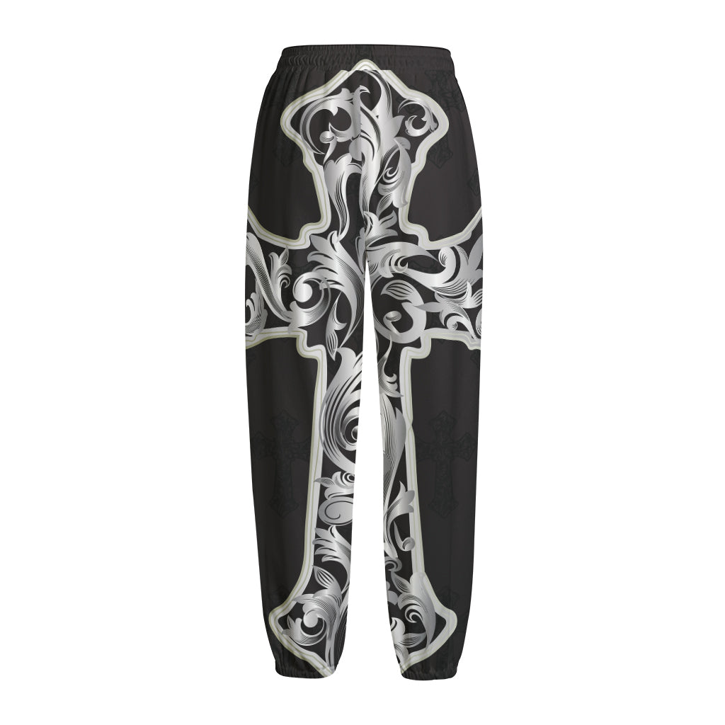 Ornamental Silver Cross Print Fleece Lined Knit Pants