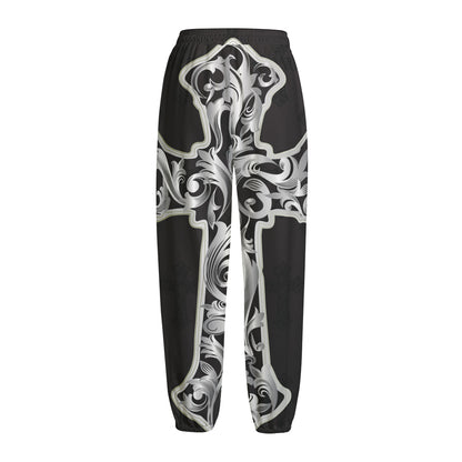 Ornamental Silver Cross Print Fleece Lined Knit Pants