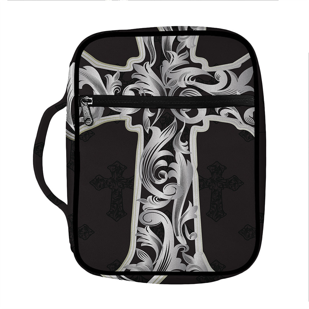 Ornamental Silver Cross Print Front Pocket Bible Bag