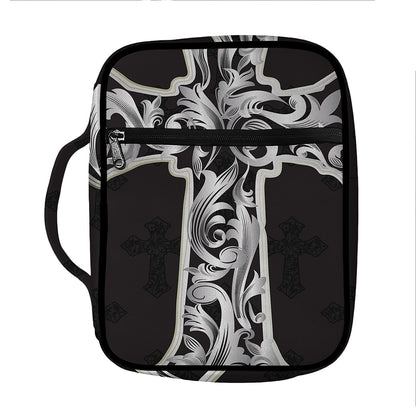 Ornamental Silver Cross Print Front Pocket Bible Bag