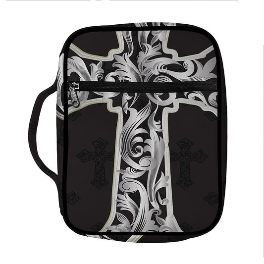 Ornamental Silver Cross Print Front Pocket Bible Bag