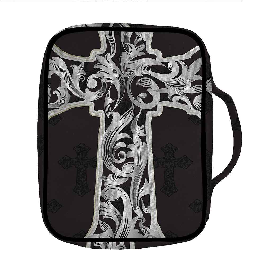 Ornamental Silver Cross Print Front Pocket Bible Bag