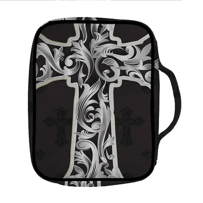 Ornamental Silver Cross Print Front Pocket Bible Bag