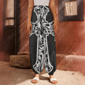 Ornamental Silver Cross Print Harem Pants