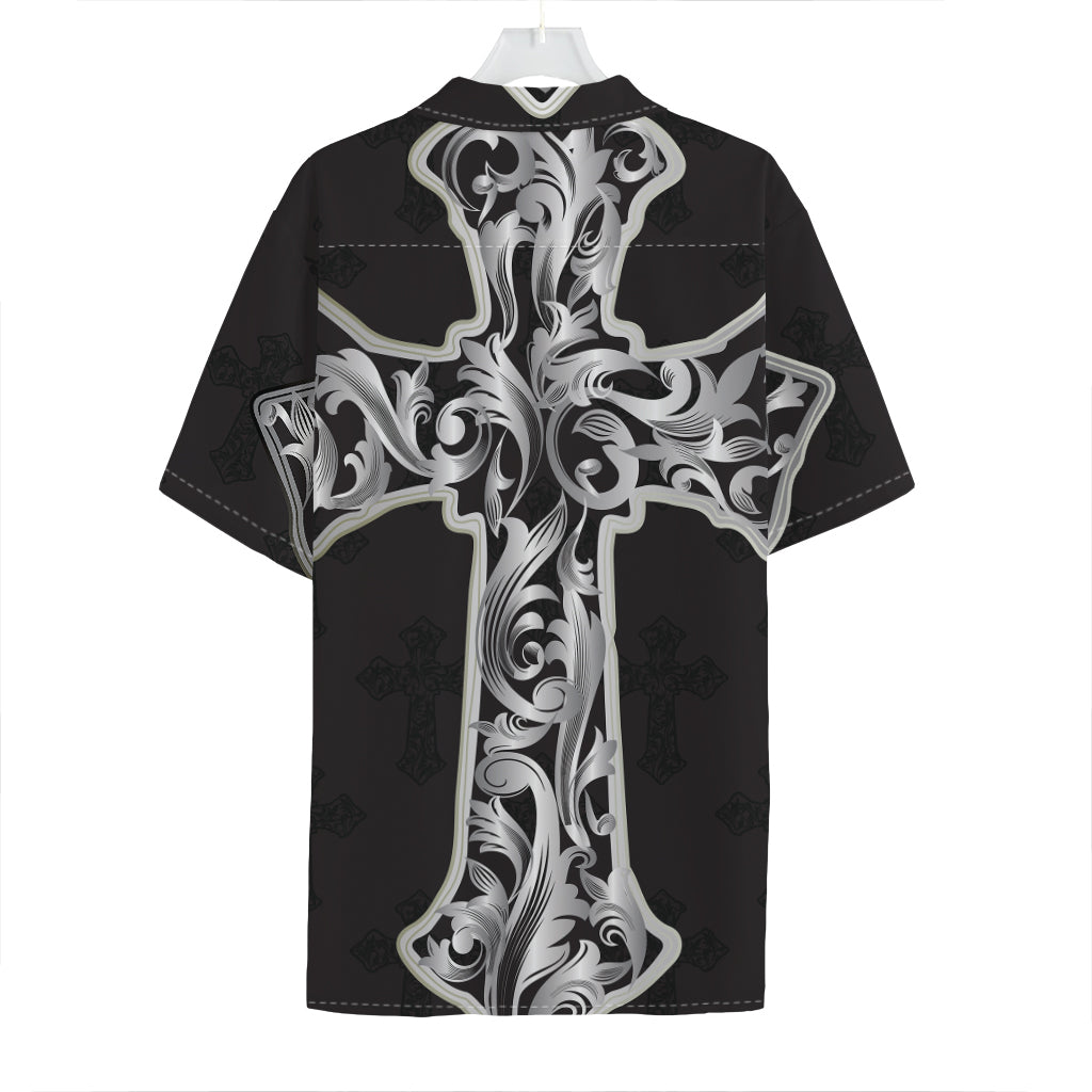 Ornamental Silver Cross Print Hawaiian Shirt