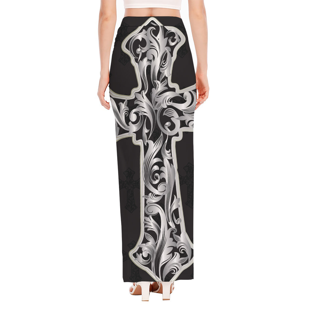 Ornamental Silver Cross Print High Slit Maxi Skirt