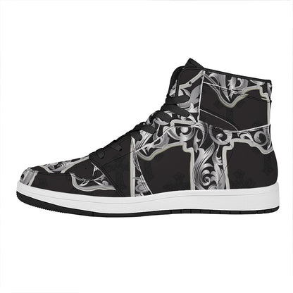 Ornamental Silver Cross Print High Top Leather Sneakers