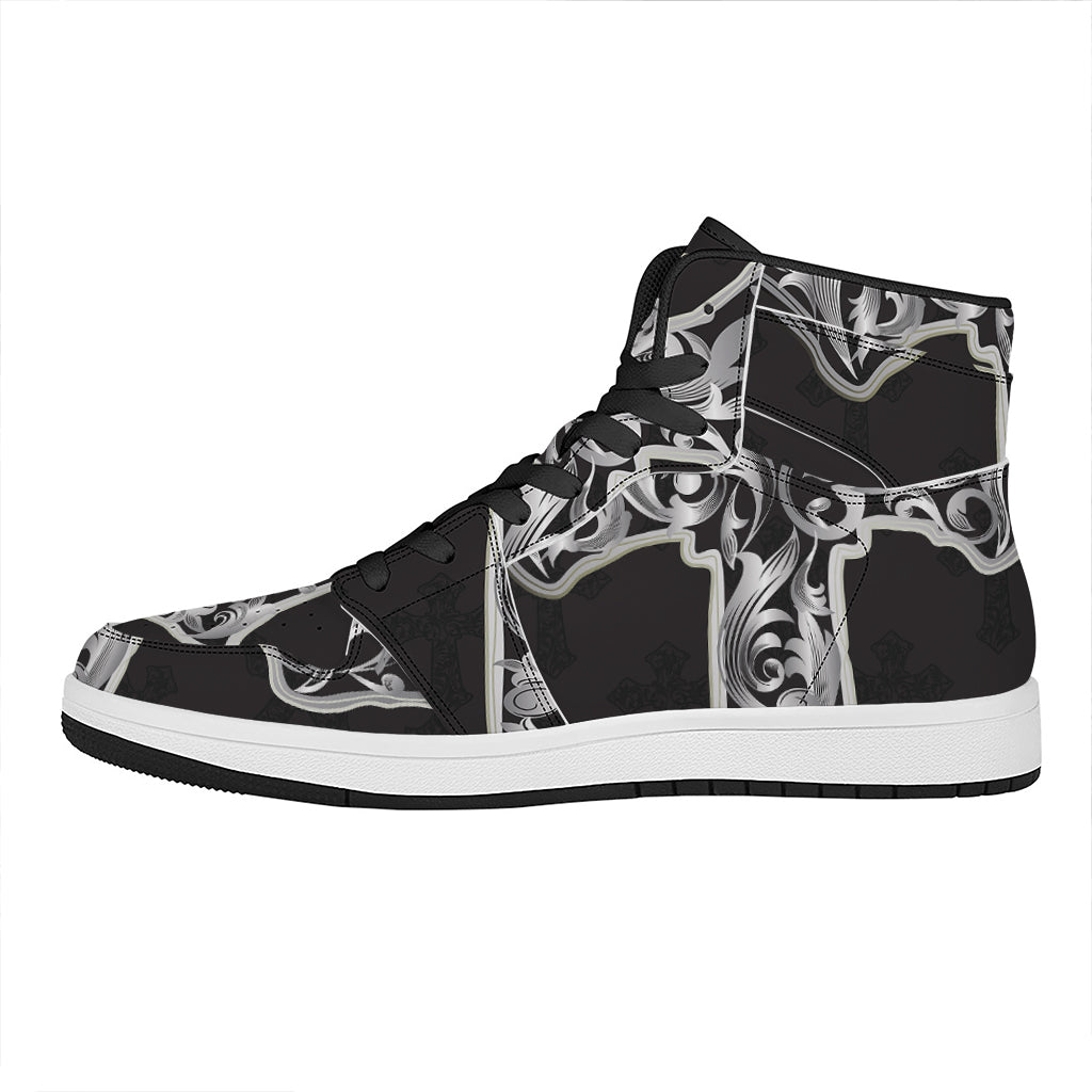 Ornamental Silver Cross Print High Top Leather Sneakers