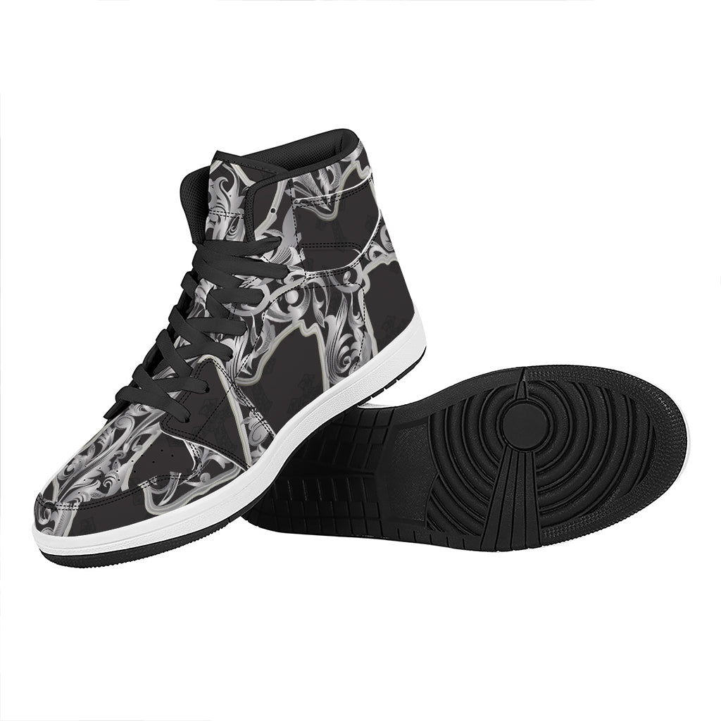 Ornamental Silver Cross Print High Top Leather Sneakers