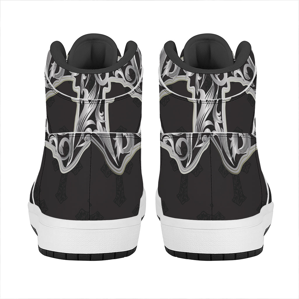 Ornamental Silver Cross Print High Top Leather Sneakers