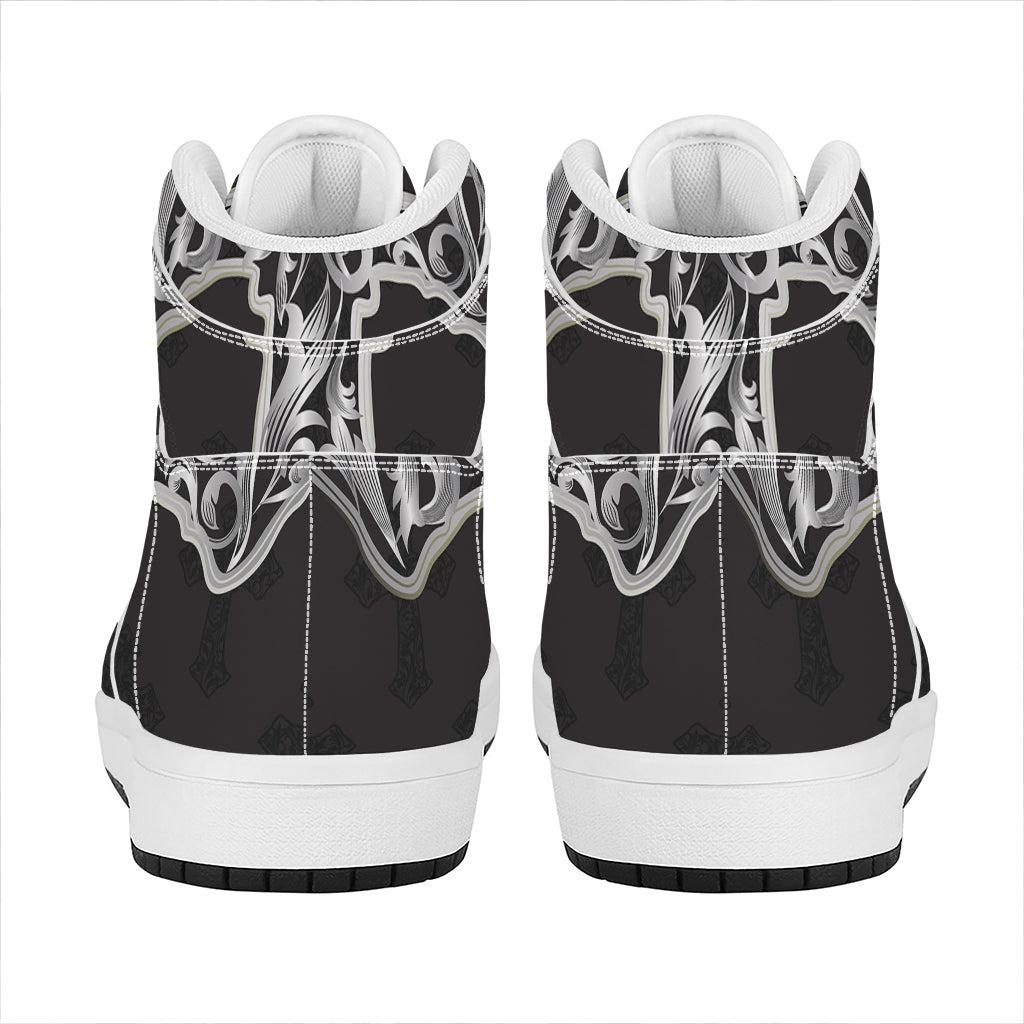 Ornamental Silver Cross Print High Top Leather Sneakers