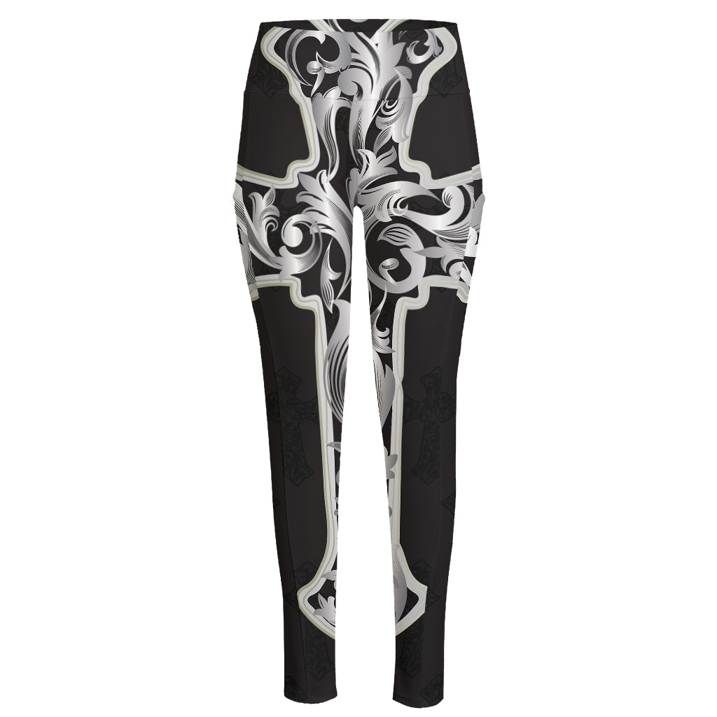 Ornamental Silver Cross Print High-Waisted Pocket Leggings