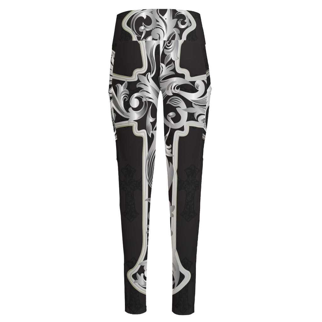 Ornamental Silver Cross Print High-Waisted Pocket Leggings