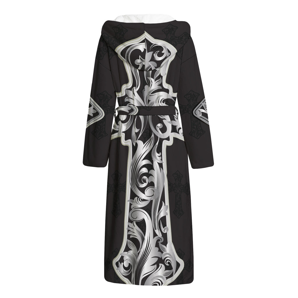 Ornamental Silver Cross Print Hooded Bathrobe