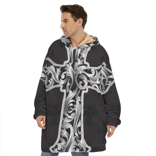 Ornamental Silver Cross Print Hoodie Blanket