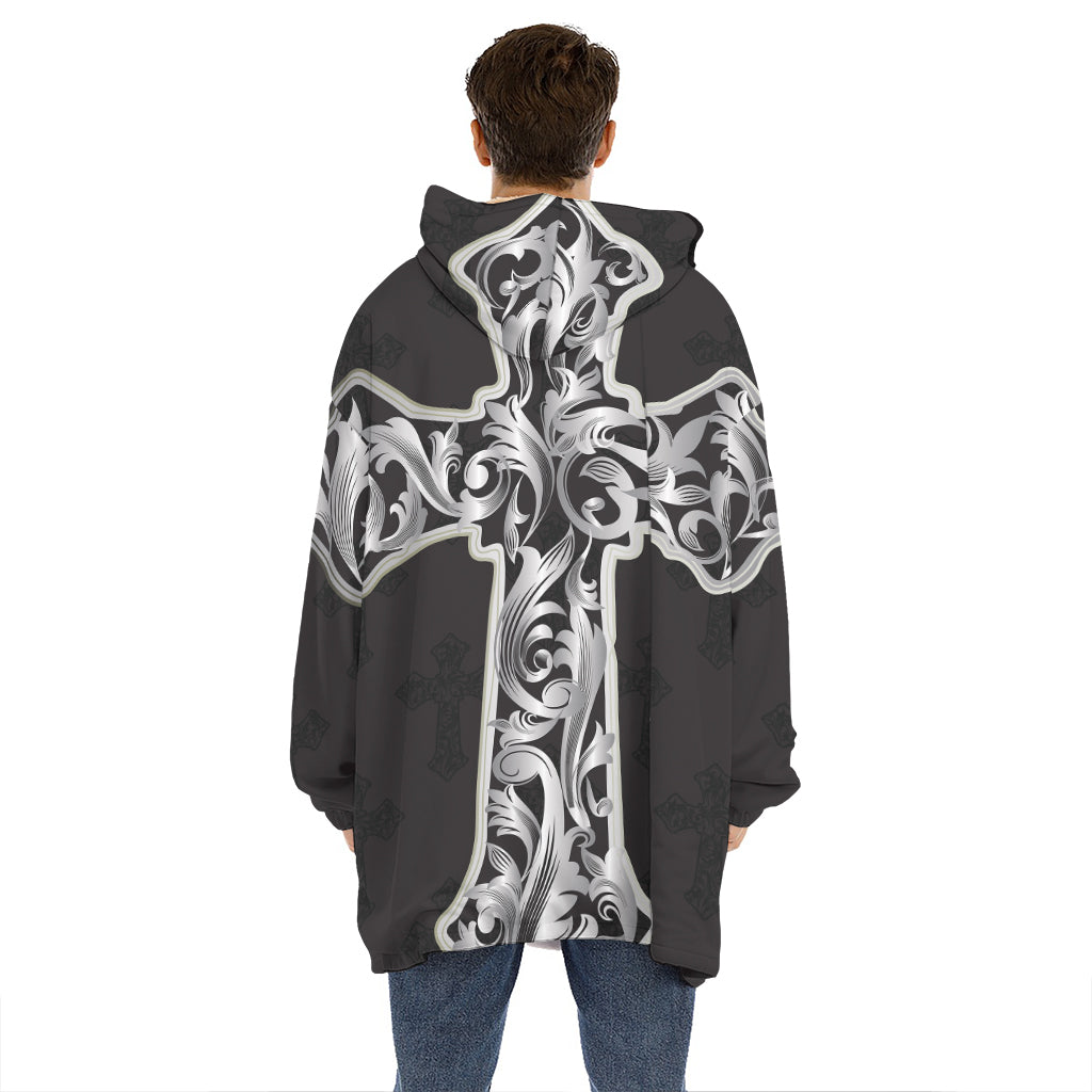 Ornamental Silver Cross Print Hoodie Blanket