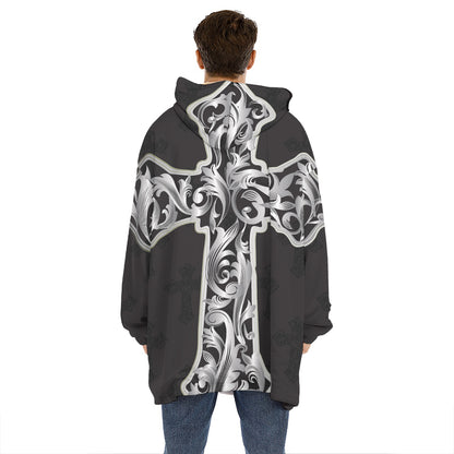 Ornamental Silver Cross Print Hoodie Blanket