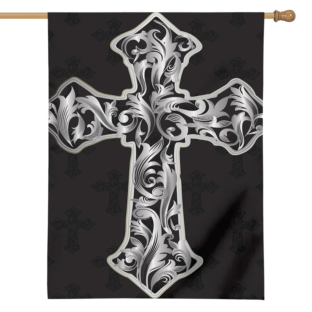 Ornamental Silver Cross Print House Flag
