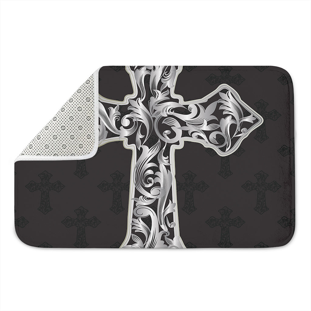 Ornamental Silver Cross Print Indoor Door Mat
