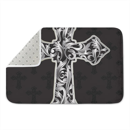Ornamental Silver Cross Print Indoor Door Mat