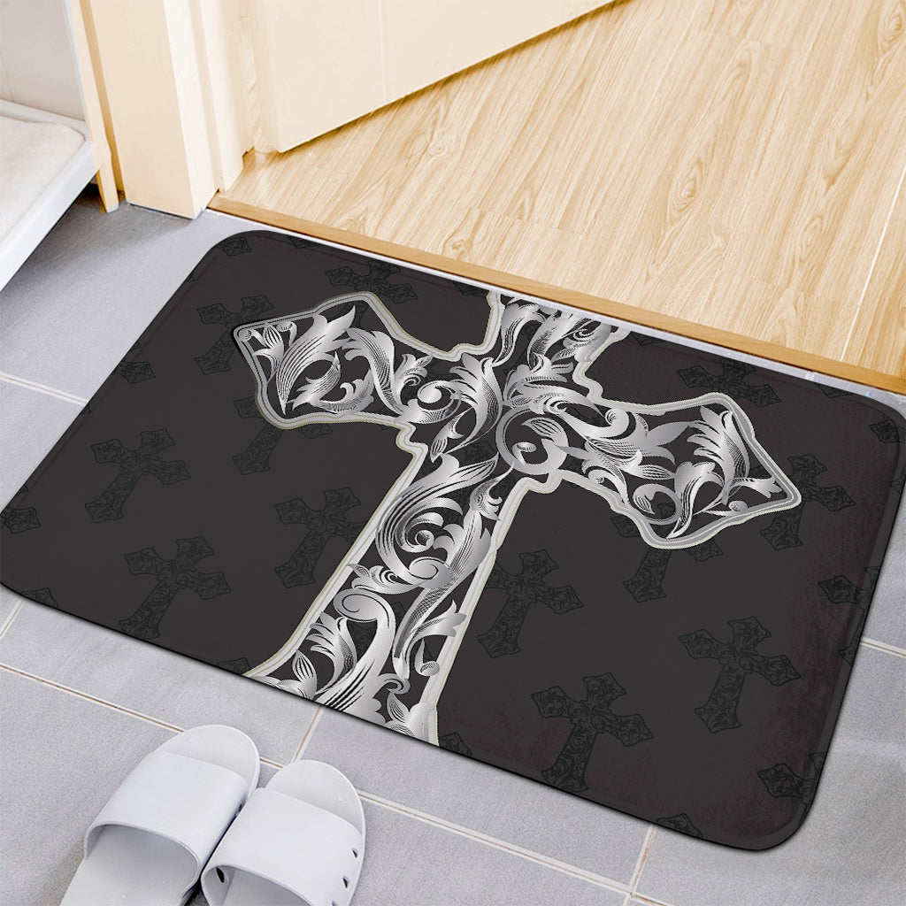 Ornamental Silver Cross Print Indoor Door Mat