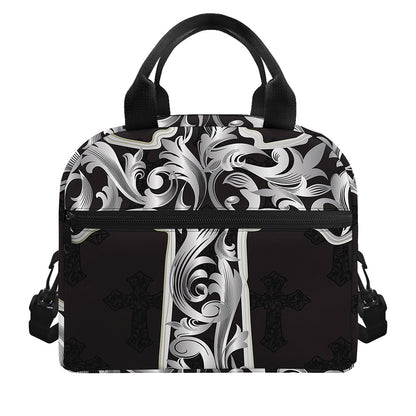 Ornamental Silver Cross Print Insulated Lunch Bag