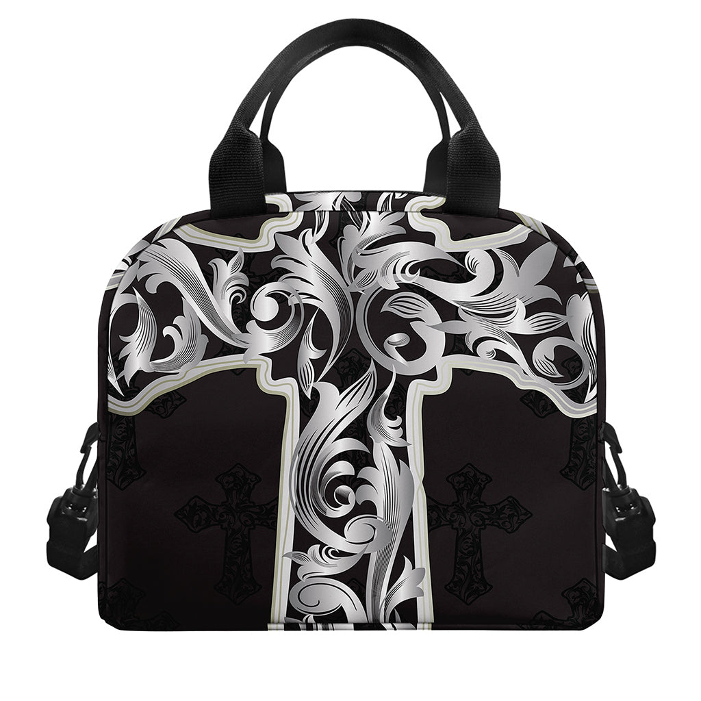Ornamental Silver Cross Print Insulated Lunch Bag