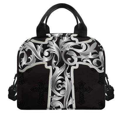 Ornamental Silver Cross Print Insulated Lunch Bag