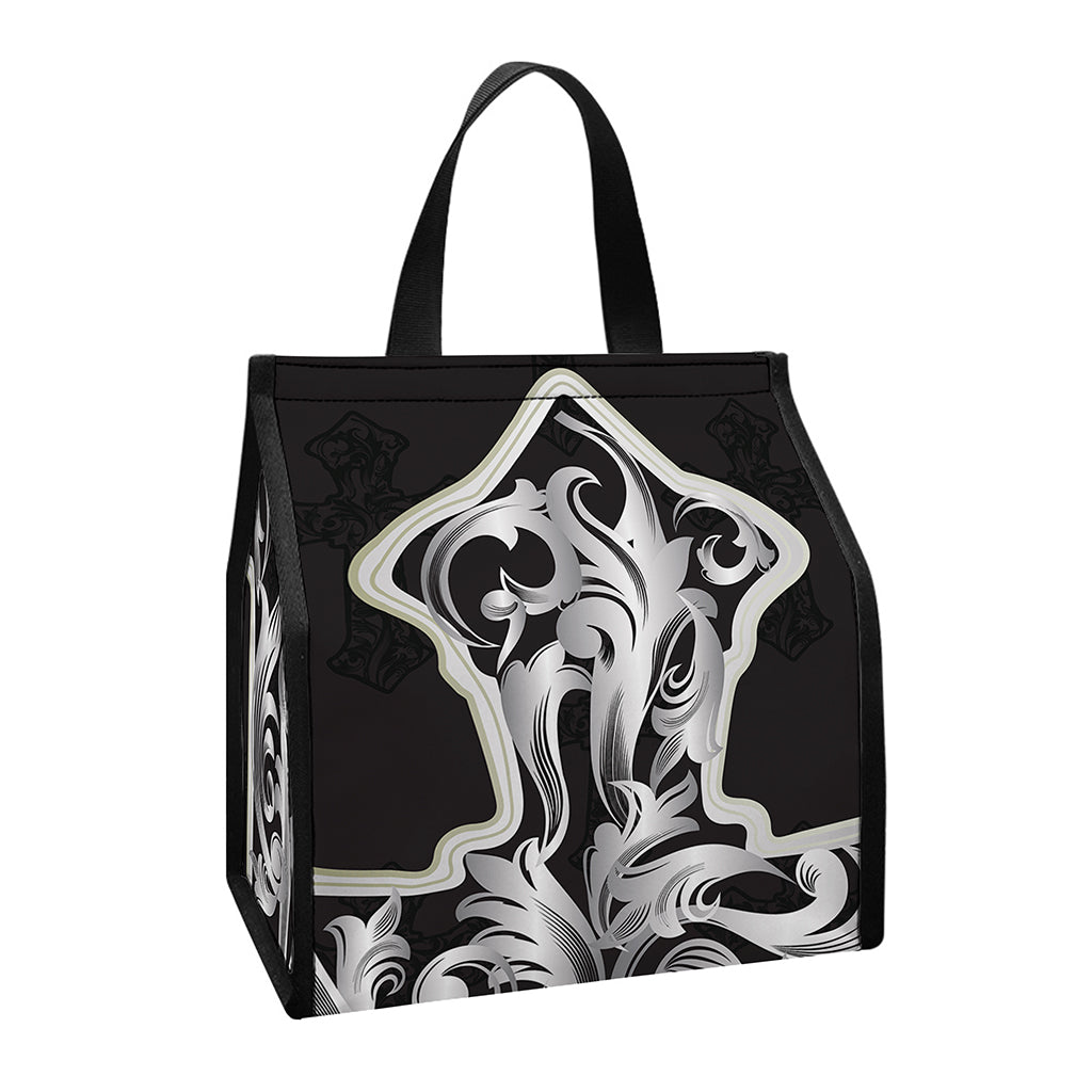 Ornamental Silver Cross Print Insulated Lunch Tote