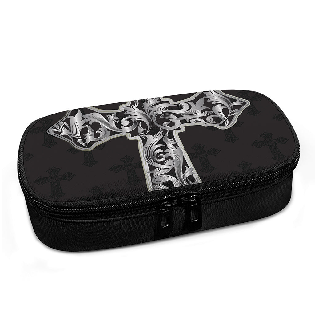 Ornamental Silver Cross Print Insulin Cooler Travel Case