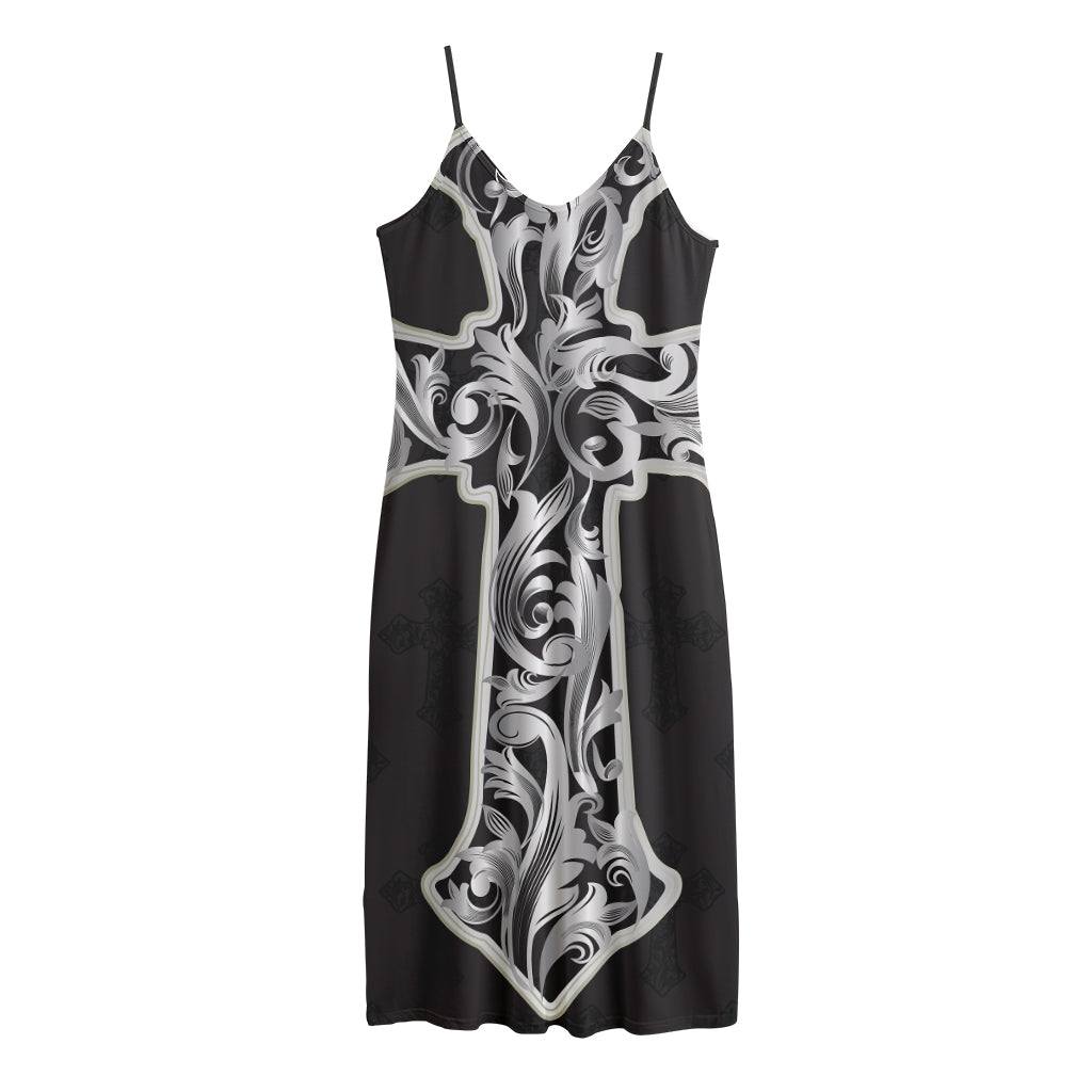 Ornamental Silver Cross Print Jersey Midi Cami Dress