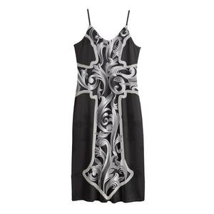 Ornamental Silver Cross Print Jersey Midi Cami Dress