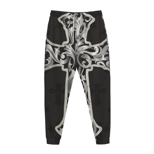 Ornamental Silver Cross Print Jogger Pants