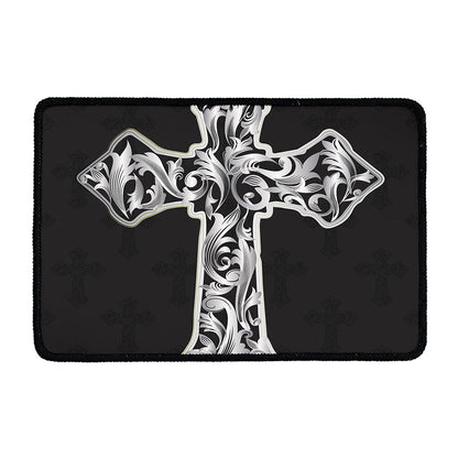 Ornamental Silver Cross Print Kitchen Mat