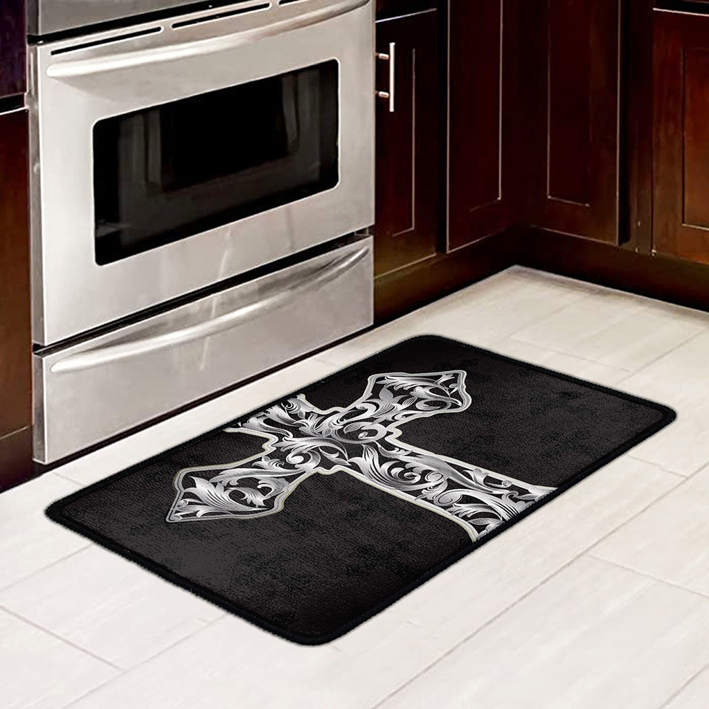 Ornamental Silver Cross Print Kitchen Mat