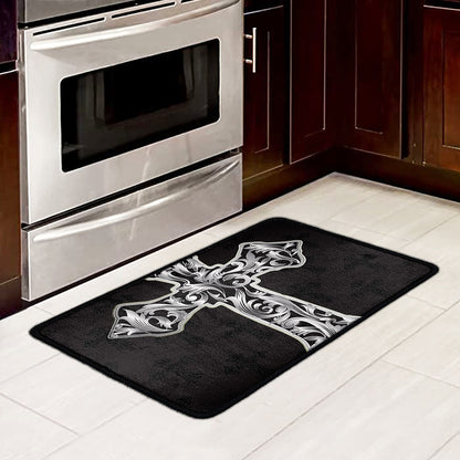 Ornamental Silver Cross Print Kitchen Mat