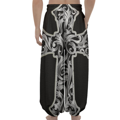 Ornamental Silver Cross Print Lantern Pants