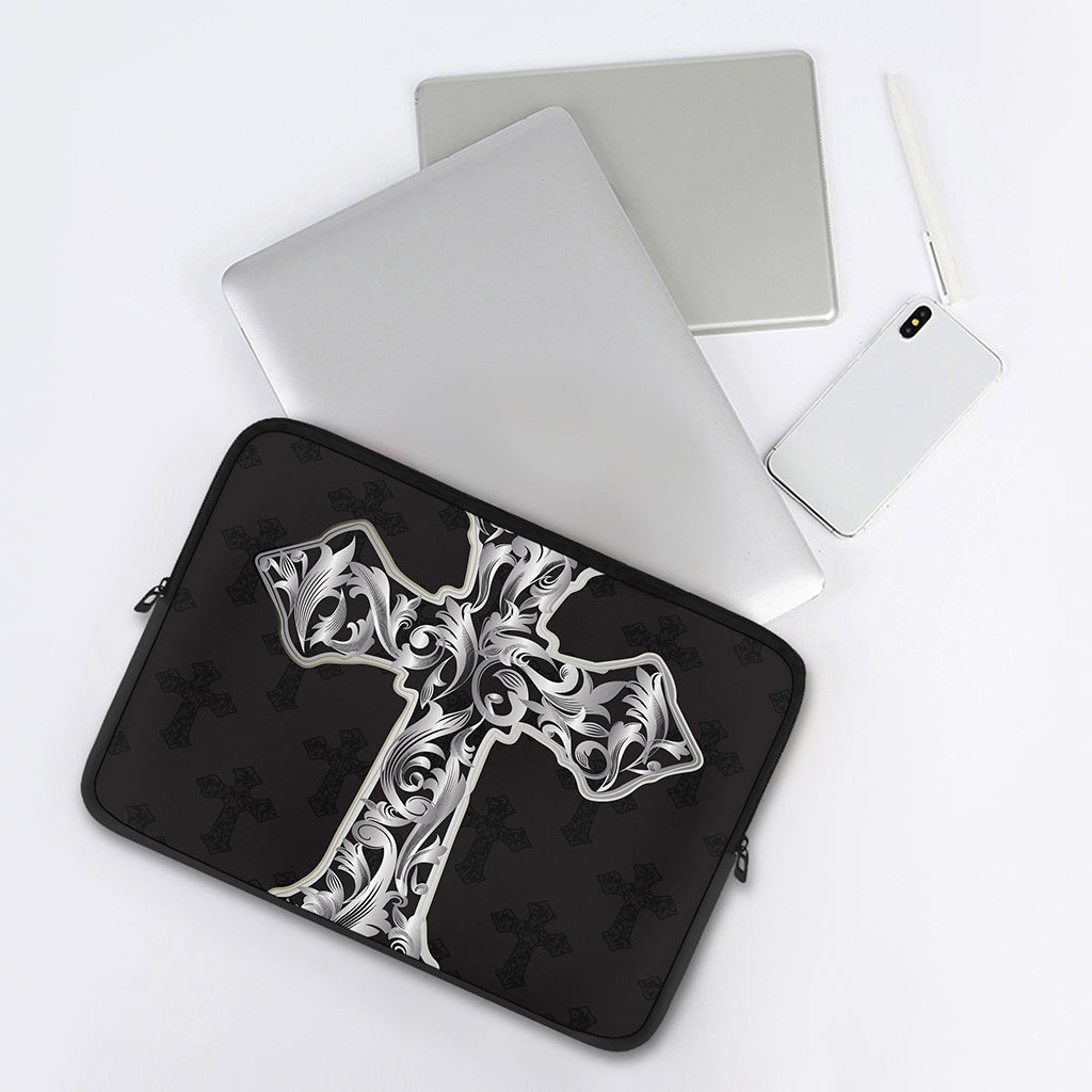 Ornamental Silver Cross Print Laptop Sleeve