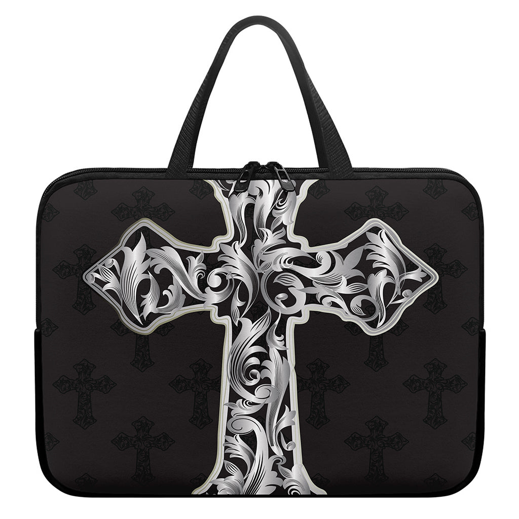 Ornamental Silver Cross Print Laptop Sleeve With Handle