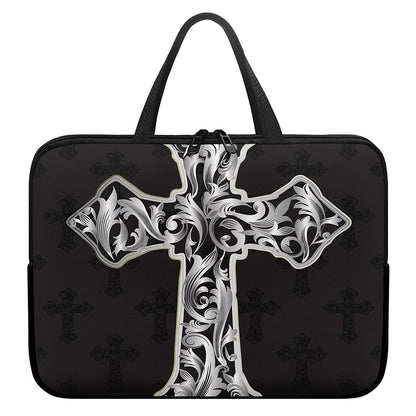 Ornamental Silver Cross Print Laptop Sleeve With Handle