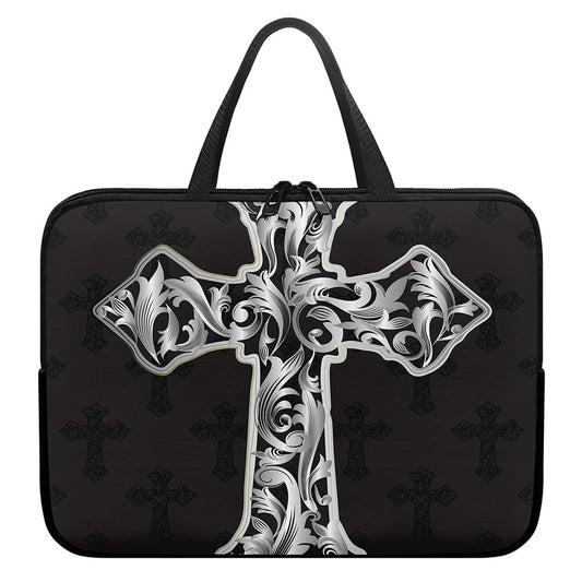 Ornamental Silver Cross Print Laptop Sleeve With Handle