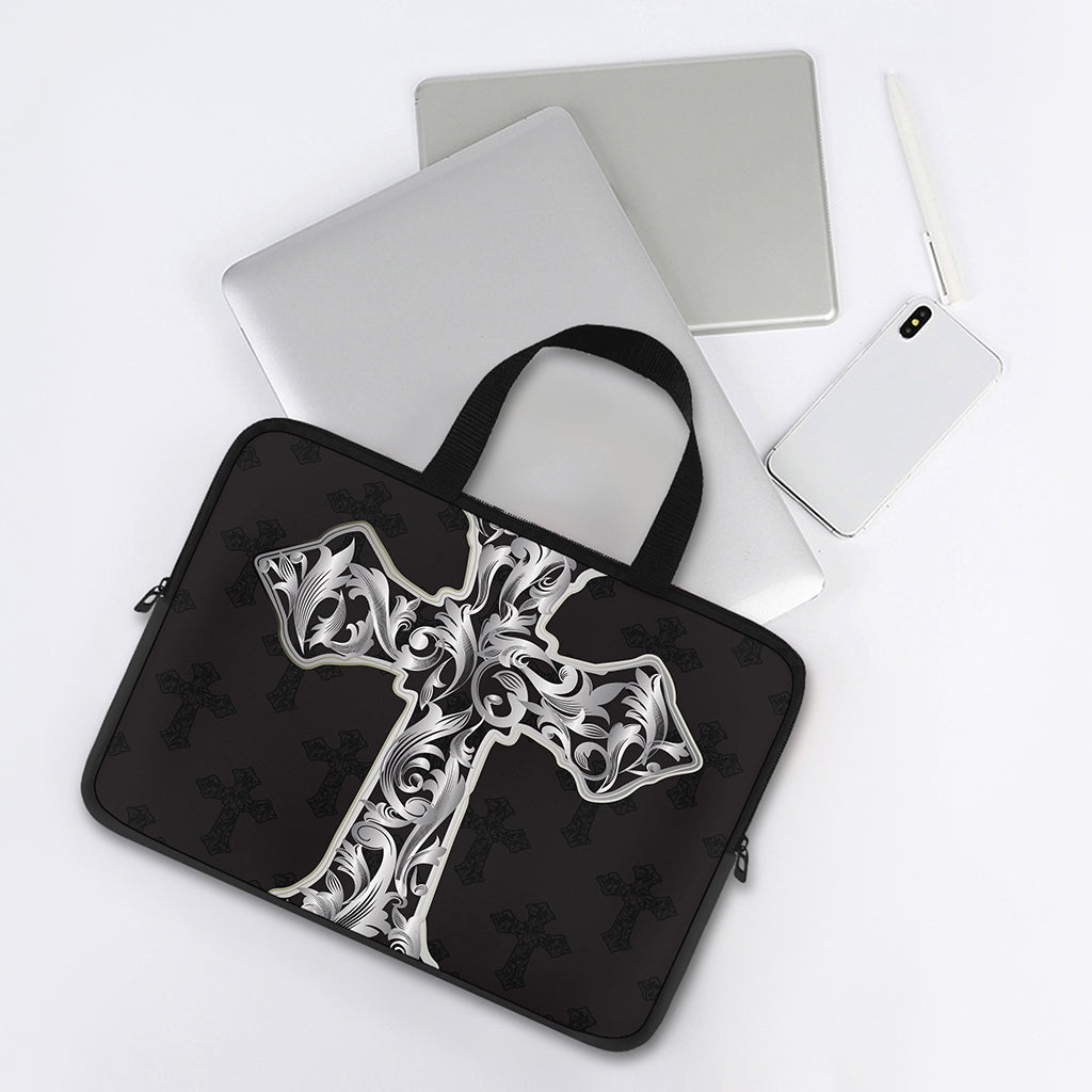 Ornamental Silver Cross Print Laptop Sleeve With Handle