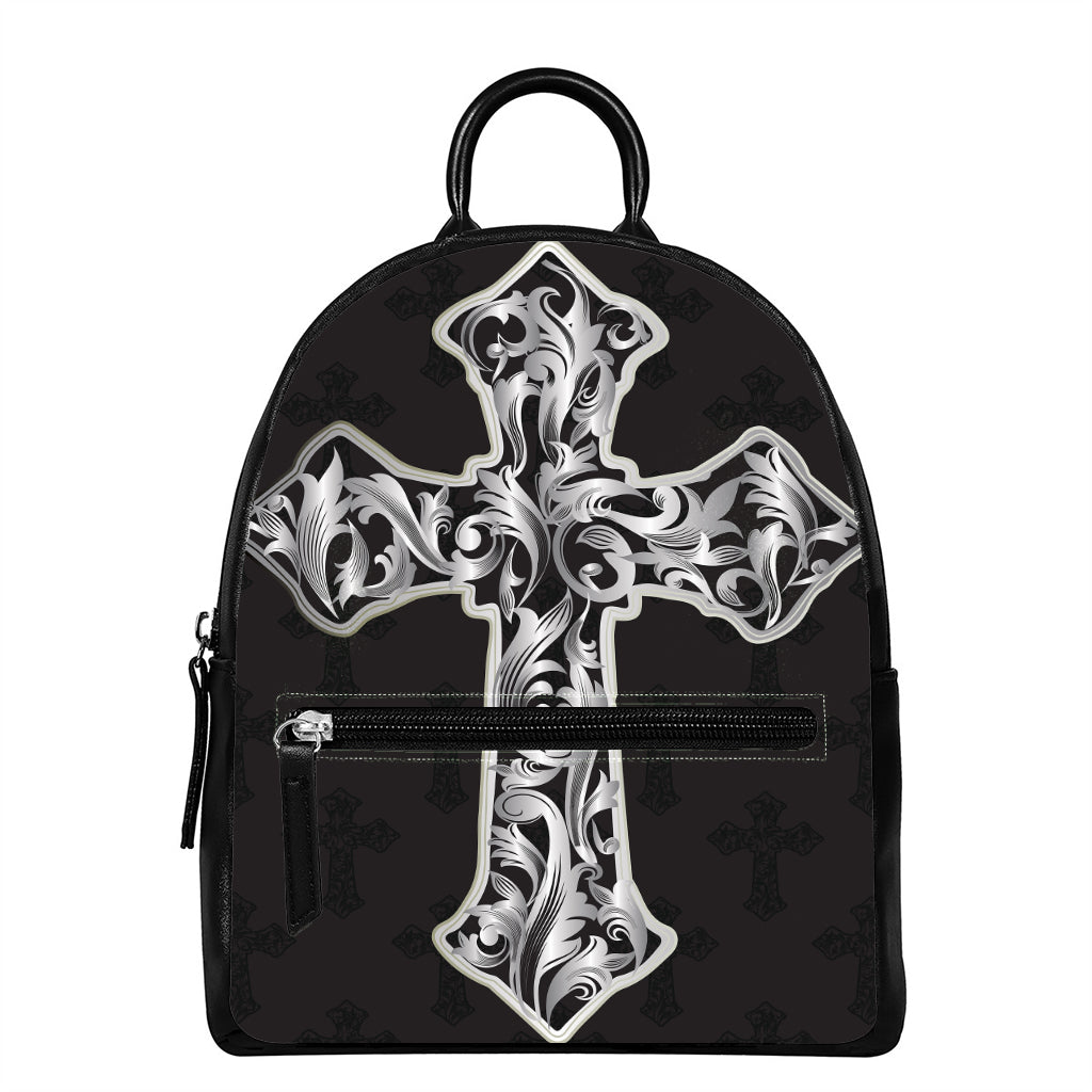 Ornamental Silver Cross Print Leather Backpack