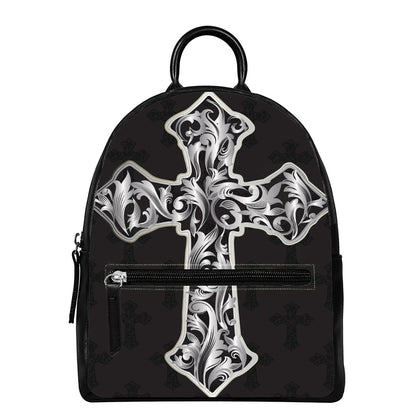 Ornamental Silver Cross Print Leather Backpack