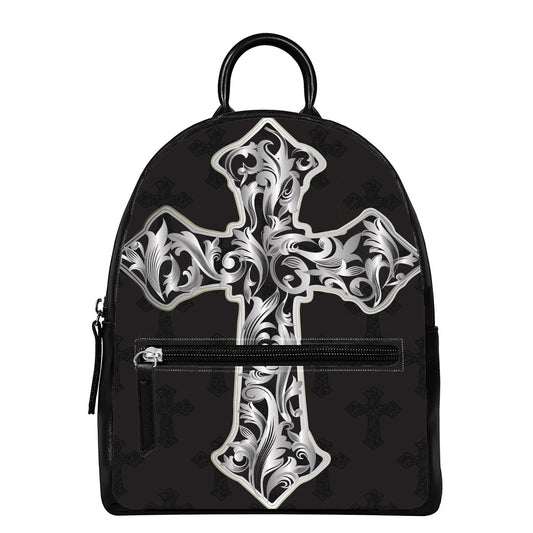 Ornamental Silver Cross Print Leather Backpack