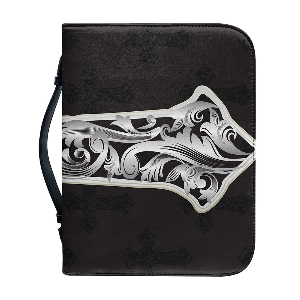 Ornamental Silver Cross Print Leather Bible Cover