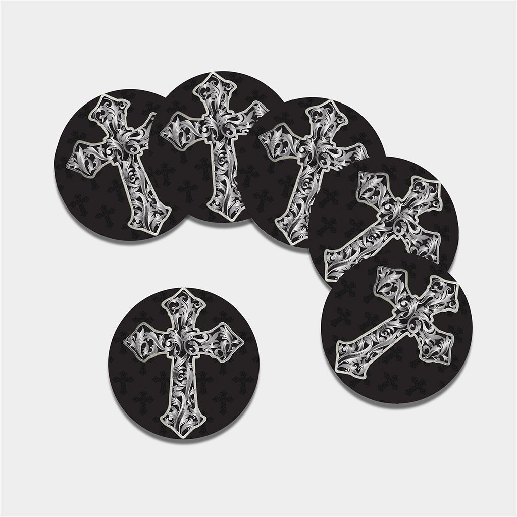 Ornamental Silver Cross Print Leather Coaster Set
