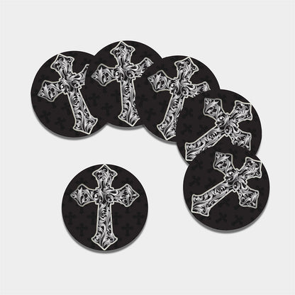 Ornamental Silver Cross Print Leather Coaster Set